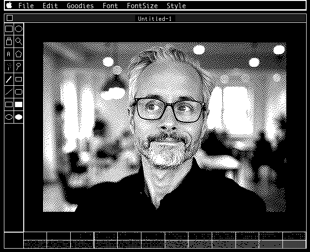 A portrait of Justin Freeman, dithered and opened in MacPaint
