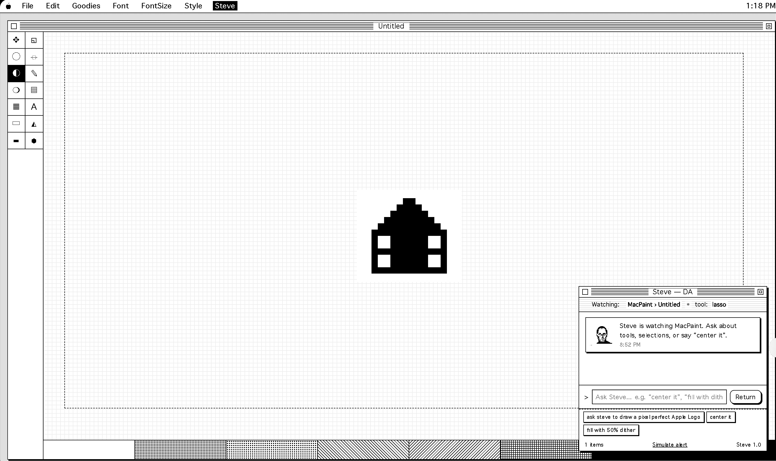 Mockup of the STEVE Desk Accessory floating over MacPaint, watching the canvas and suggesting commands