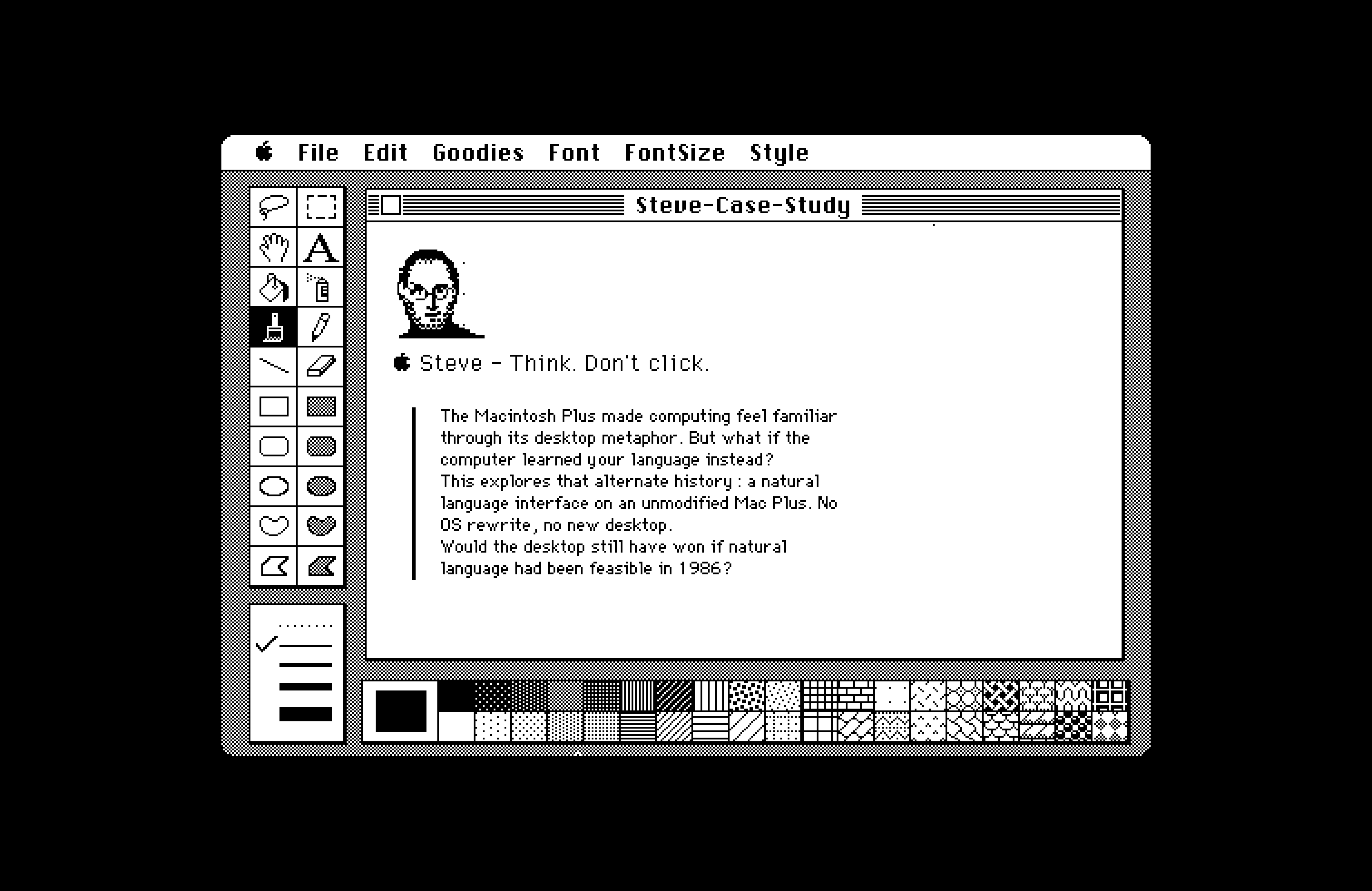 Pixel-art self-portrait of Steve Jobs, drawn inside 1984 MacPaint by STEVE